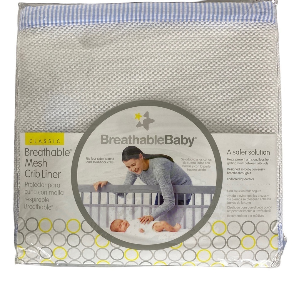 BreathableBaby‎ Breathable Mesh Crib Liner White with Light Blue Seersucker